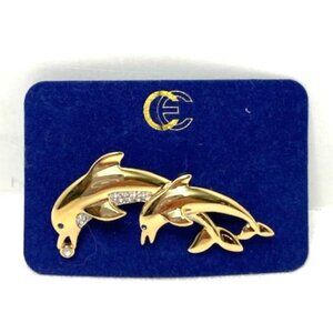 Vintage Dolphin Pair Pin Gold Toned Metal Rhinestones Marked CE